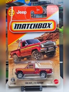 Matchbox Red 1980 Jeep J10 Stepside with Yellow and Orange Stripes